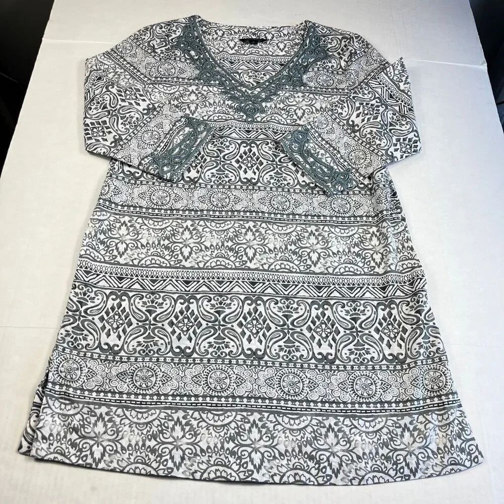 Lands End Dress Paisley Print Split V-Neck Resort Wear Preppy Embroidered Trim M
